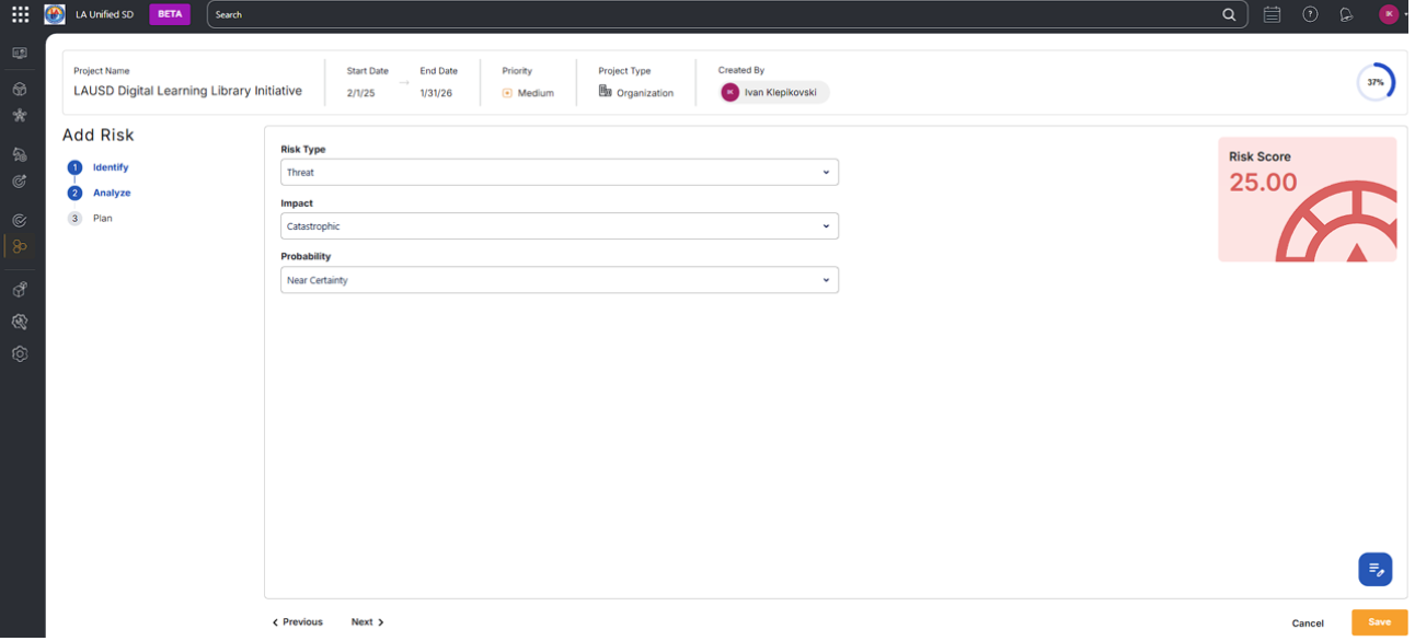 Risk analysis dashboard displaying probability and impact scoring
