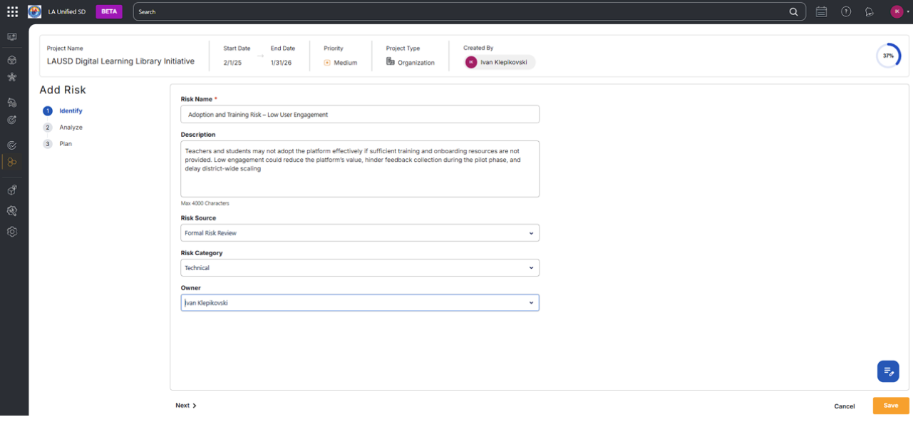 Risk identification process aligned with PMBOK 7 principles