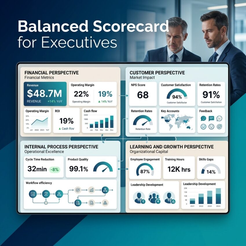 Balanced Scorecard framework showing four perspectives: financial, customer, internal processes, and learning and growth
