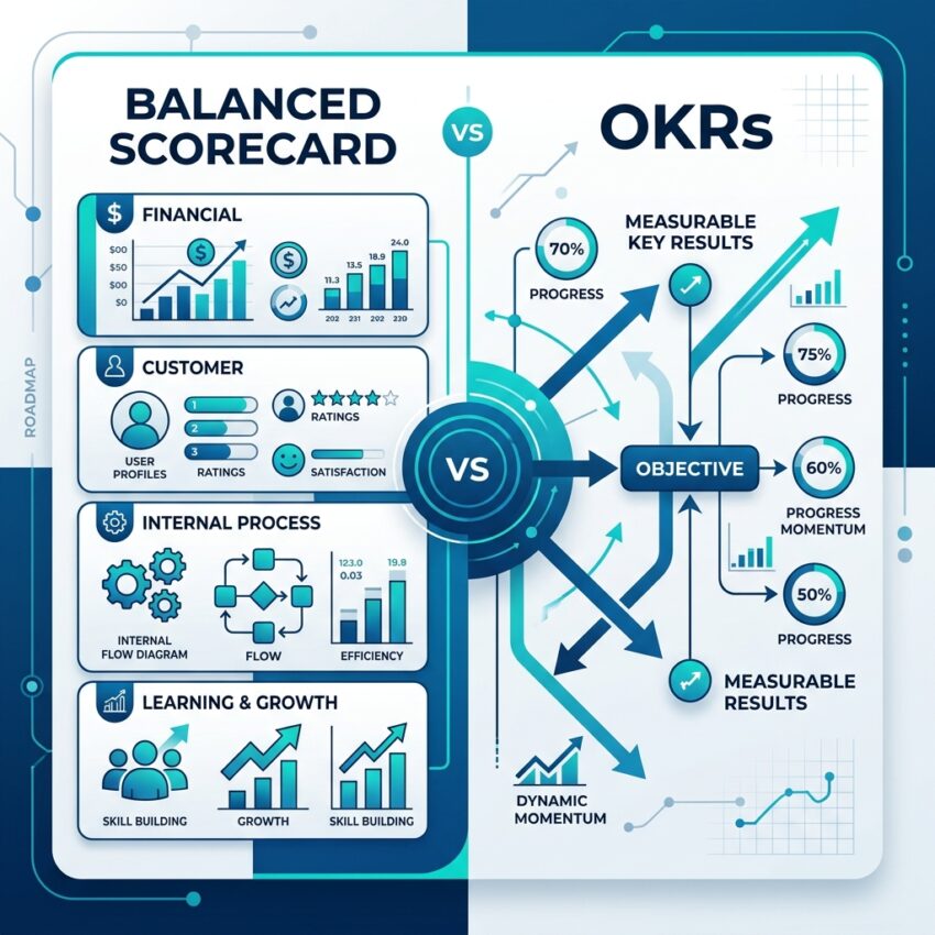 Balanced Scorecard vs OKRs comparison showing the scorecard's four perspectives beside the objective and key results structure.